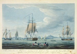 El Prometeo y la Melpómene en el Golfo de Riga para encontrarse con el Escuadrón Británico, agosto de 1809, grabado por D. Havell para 